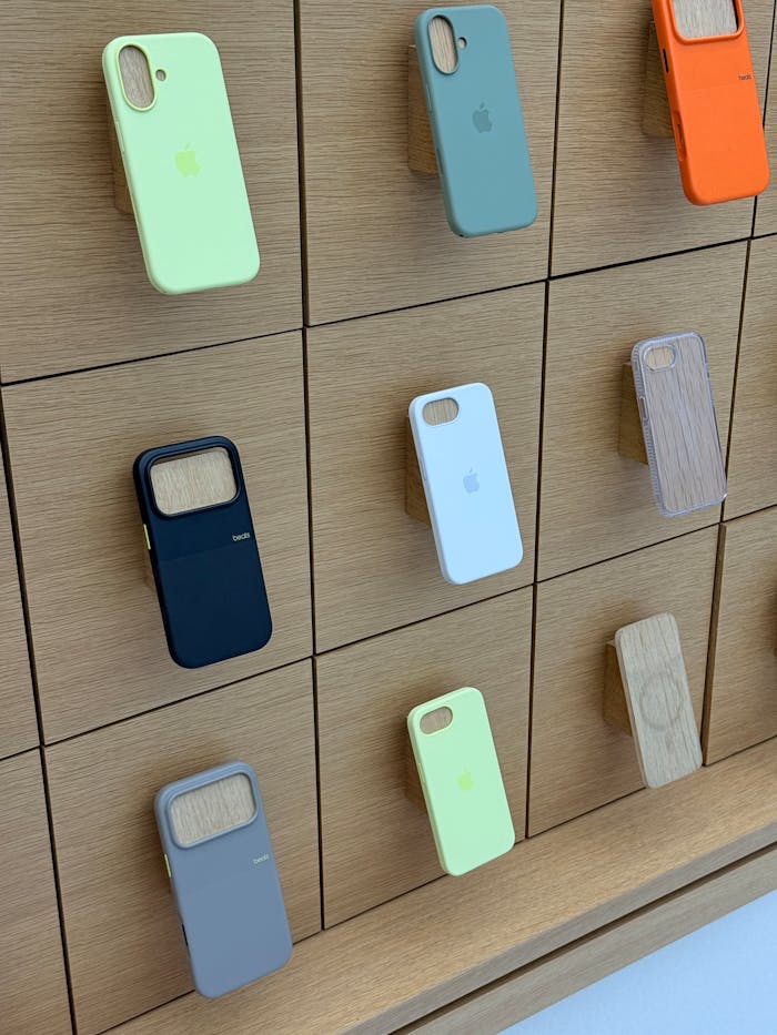 services-03 A variety of colorful phone cases displayed on a sleek wooden wall in a store.